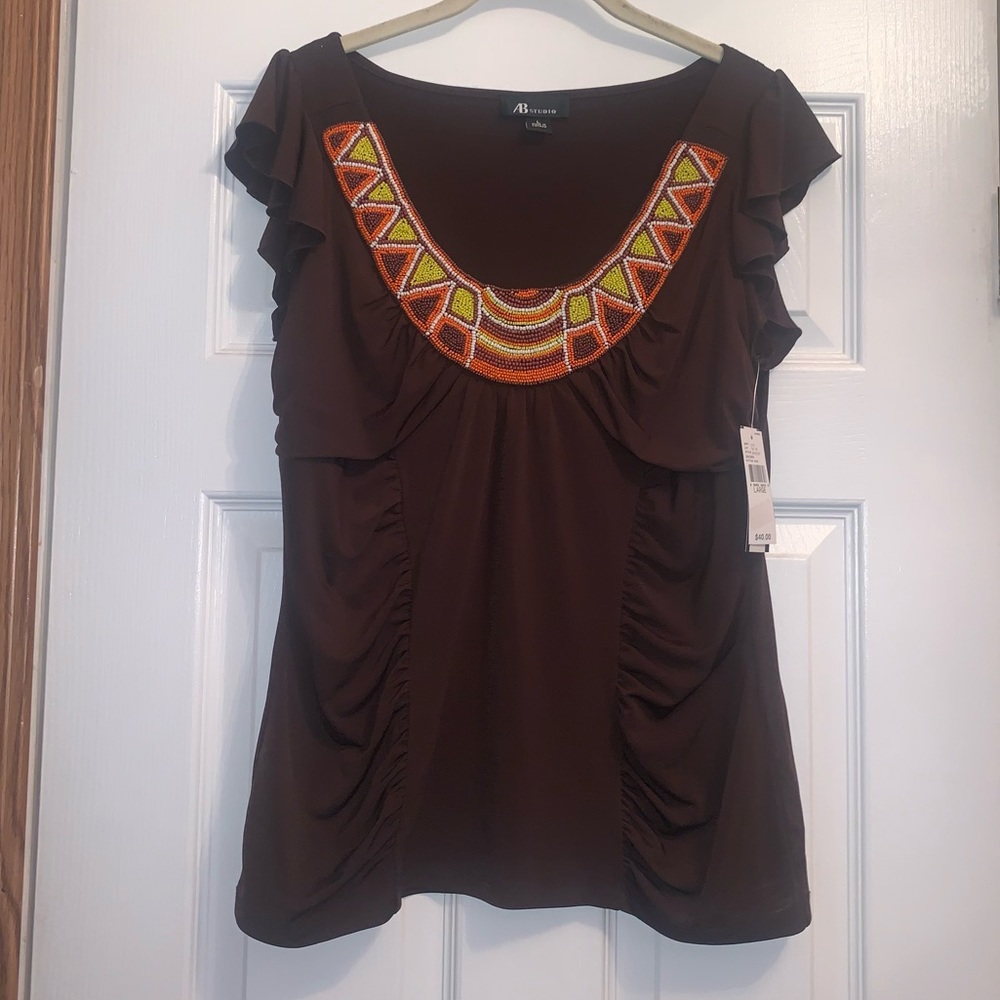 AB Studio brown stretchy blouse with bead and ruching detailing